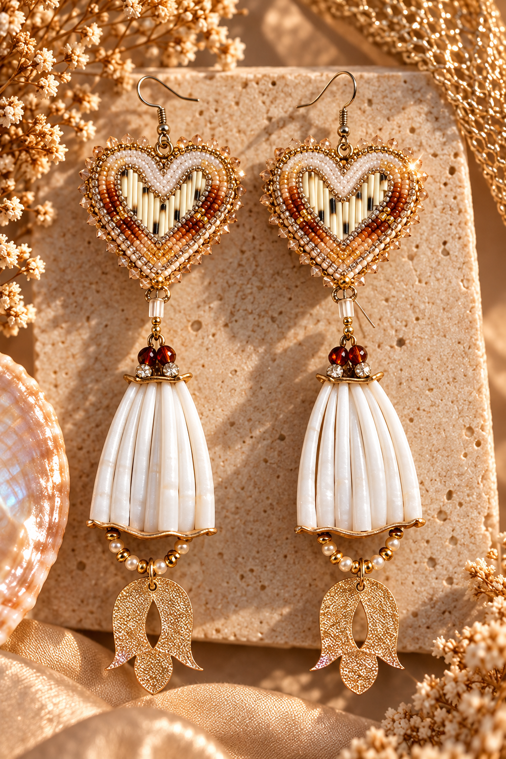 🌿 sacred Amber Heart • Dentalium & Quill Earrings