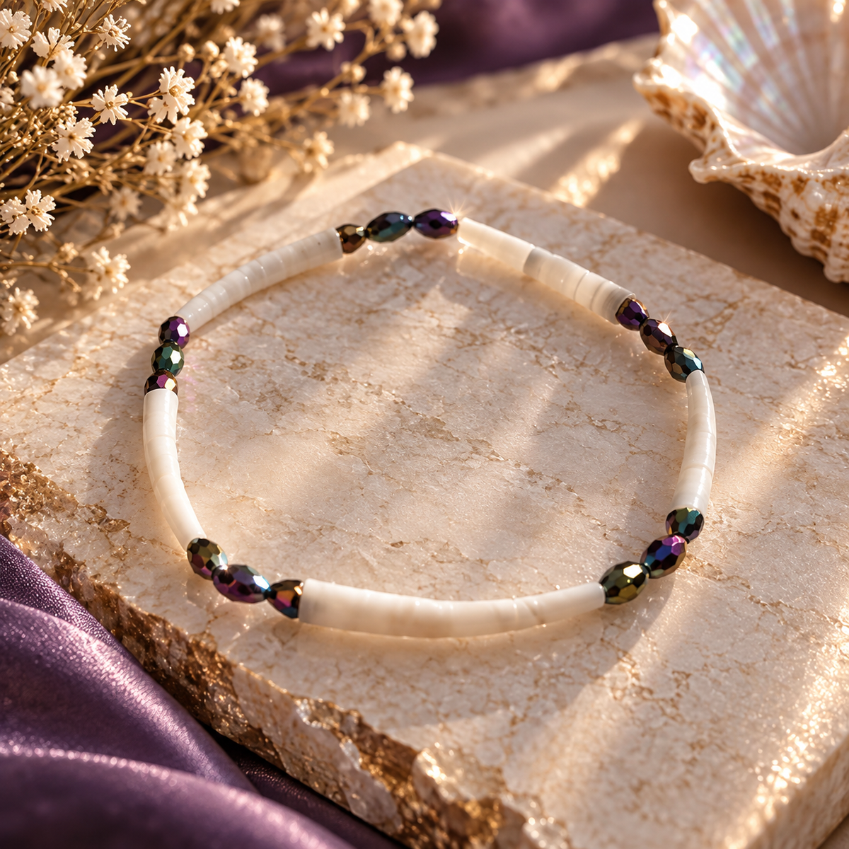 🪶 Spirit of the Shell — Dentalium & Iridescent Glass Bracelet
