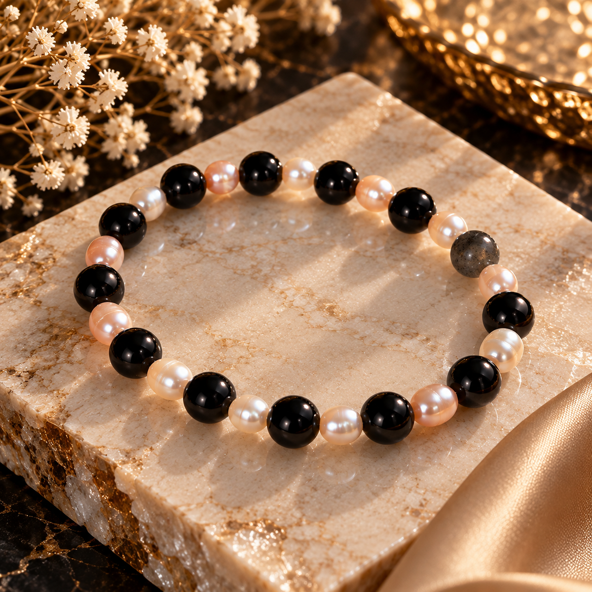 💎 Obsidian With Pearls Bracelet 💎